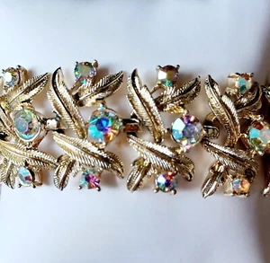 Coro Aurora Borealis Goldtone Wide Bracelet 1950's  - Picture 1 of 8
