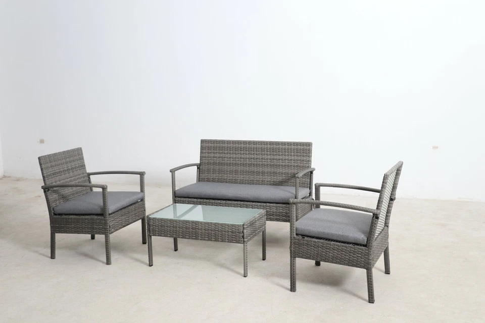 SIGNATURE HOMES & GARDENS SH&G Heaton 4 Seater Sofa Set | 4 Piece Table, Chairs & Sofa | Grey Rattan