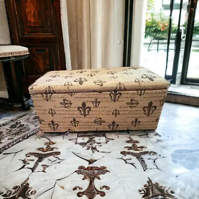 Nuevo con etiquetas Caja Organizadora Baúl de Almacenamiento Arpillera Flor De Lis Acolchada Superior 25" x 11" x 13" Foto 1 de 4