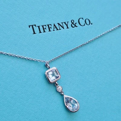 $4000 Tiffany & Co. 18k WG 1.59ctw Aguamarina y Diamante Lariat Collar Colgante Foto 1 de 4