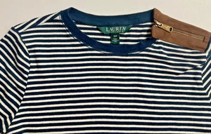 Ralph Lauren Lauren Navy White Striped Faux Suede Arm Patches Shoulder Zip Sz S - Picture 1 of 4