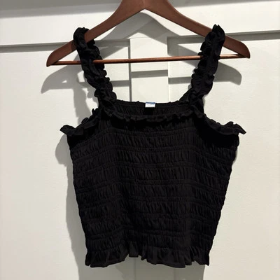 Old Navy CropTop Petite M Black Milkmaid Babydoll Ruffled Smocking Square Neck - Image 1 of 4