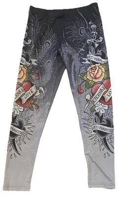 Leggings Ed Hardy Grandes Estampado Completo Calavera Rosas Grunge Y2K Goth Street Love Foto 1 de 4