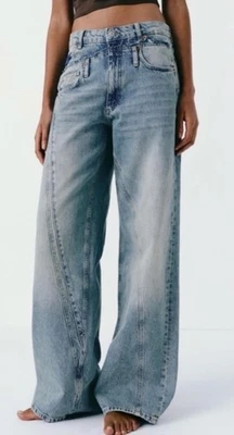 Zara Double Waist Wide Leg Distressed Jeans Light wash Denim Streetwear Size 12 - Image 1 of 4