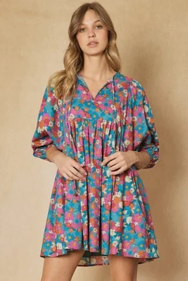 NWT Entro Anthropologie Floral 100% Cotton Babydoll Dress Balloon 3/4Sleeve Sz L - Image 1 of 4