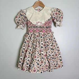VTG 80s Will'Beth Girl's Smocked Embroidered Floral Dress-Lace Trim/Lined-Size 4 - Picture 1 of 7