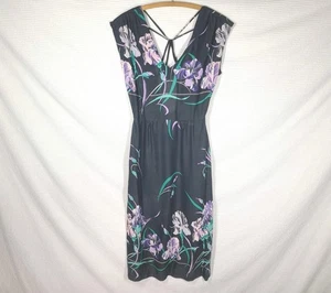 1970s Black Iris Dress Strappy Back Disco Rayon Crepe Malibu Media Vintage Rare  - Picture 1 of 13
