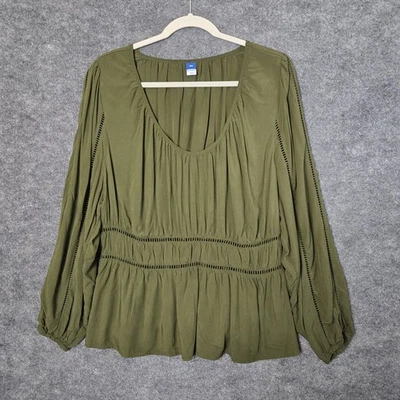 Old Navy Top Womens XXL Olive Green Gathered Windowpane Peasant Renaissance - Image 1 of 4