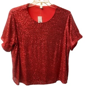 Cato 18/20W Red Full Sequin Short Sleeve Round Neck Lined Top New - Picture 1 of 3