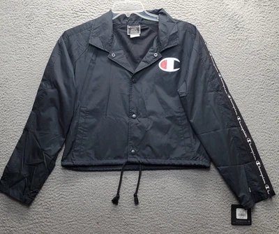 Champion Crop 风衣夹克女式 M 黑色网眼衬里轻便按扣前襟 — 第 1/4 张图片