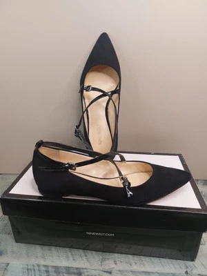 Nine West Black Suede And Leather Criss Cross Black Flats - Image 1 of 4