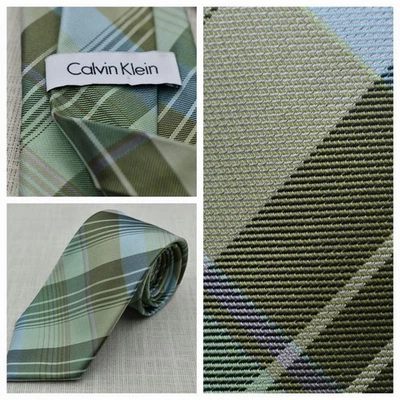 Calvin Klein Necktie Green Plaid 100% Silk Designer Tie Dress Suit - Image 1 of 4