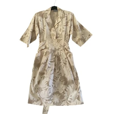 VGT Bruce Wayne Floral Dress Tan Belted 3/4 Sleeve Collared Made in USA - Image 1 of 4