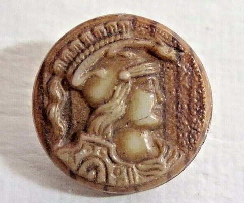 9/16" Antique Athena Minerva Milk Glass Button, Sepia Tint, Pictorial Cover