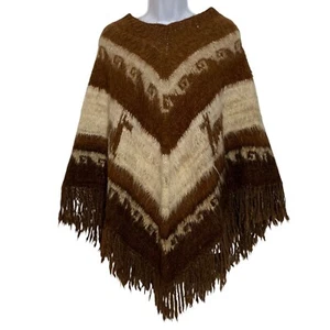 Poncho Capelet Suéter Llamas De Colección Bolivia 100% Lana Alpaca Tejido a Mano Flecos - Imagen 1 de 6