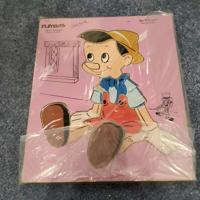 Vintage Playskool DISNEY Wood Pinocchio Puzzle With Pink Background  Fp4 - Image 1 of 2
