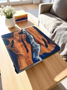 30" Handgefertigte blaue Epoxid Ozean Welle Fluss Tischplatte Naturholz Harz Möbel - Bild 1 von 9