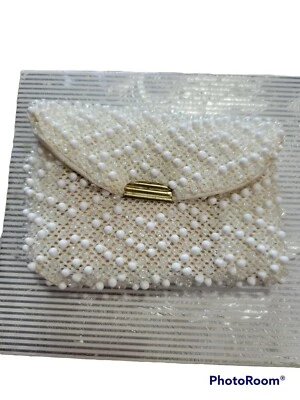 vintage pequena moeda compacta com miçangas brancas lenço embreagem latão fecho de pressão forrado - Imagem 1 de 4