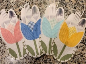 Set of 4 Spring Easter Multicolor Tulips Utensil Holder Pockets NEW W/Tags - Picture 1 of 2