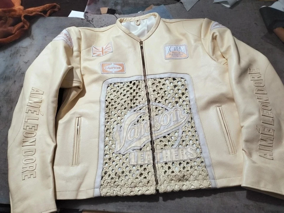 Rare Vanson Leathers X-Ray Campione Handwoven Beige Leather Jacket Motorcycle Ra - Image 1 of 4