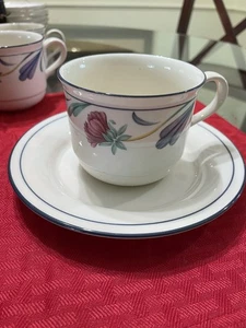 Lenox Chinastone Poppies on Blue Teacup & Saucer Set - Floral USA Made VINTAGE - Picture 1 of 3