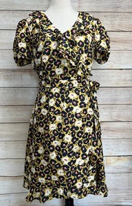 Karen Walker Hi There Persimmon Wrap Dress Sz 8 Ruffles Navy Gold Floral Belted - Picture 1 of 10