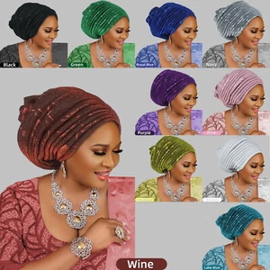 Cappello turbante donna nigeriano hijab berretto Aso Oke africano cravatta automatica gel matrimonio - Foto 1 di 34