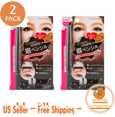 [Vendedor de EE. UU.] (2 PAQUETES) Lápiz de cejas en polvo de rotación pesada KISS ME #01 marrón claro Foto 1 de 2