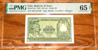 PMG 65 EPQ 1951 Italy 50 Lire P-91a Biglietto di Stato Italian UNC Banknote Note - Image 1 of 4