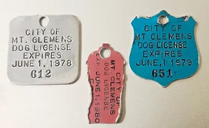 3 Dog Tag License Tags CITY OF MT. CLEMENS MICHIGAN; 1978, 1979 & 1980; Colorful - Picture 1 of 1