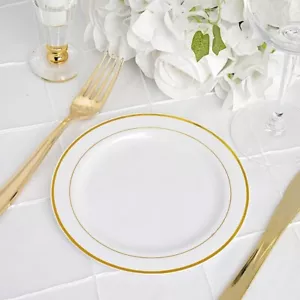 10 pcs Plastic WHITE with Gold Rim 6" PLATES Disposable Party Wedding SALE - Picture 1 of 7