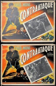 L835      COUNTER-ATTACK Lot of 2 Mexican lobby cards 50s Paul Muni WWII