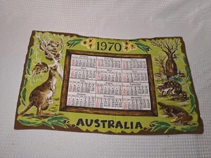 Vintage 1970 Cloth Linen Tea Towel Calendar Australia Animals Green & Brown - Picture 1 of 8