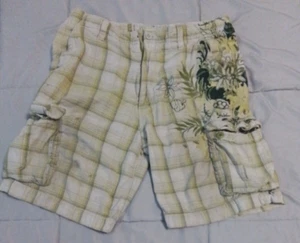 VTG Ecko Unltd Mens Size 34 Hawaiian Shorts Embroiderd Green Plaid Hip Hop Y2K - Picture 1 of 13