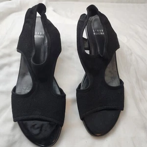 Stuart Weitzman Ladies Low Wedge Sandal, Black Crepe Stretch Size 8M - Pre-Owned - Picture 1 of 20