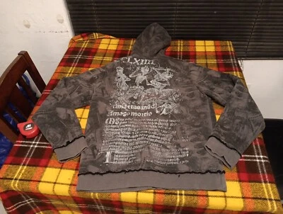 ROUTE 66 VTG Y2K Cyber Goth Hoodie Adult Sz S Gray Sherpa Lined Skull Affliction - Image 1 of 4
