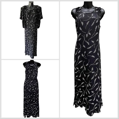 Vestido maxi preto floral anos 90 vintage Molly Malloy sem mangas com capa feminino 12” - Imagem 1 de 4