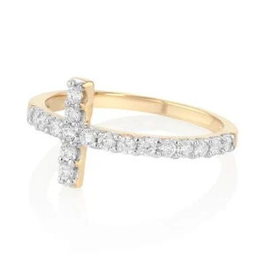 Ioka - 14K Solid Yellow Gold OR White Gold Sideways CZ Cross Ring - Picture 1 of 11