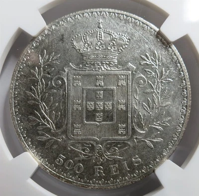 PORTUGAL Kingdom 500 reis 1896 NGC MS 62 UNC King Carlos Silver Wreath Graded - Image 1 of 4