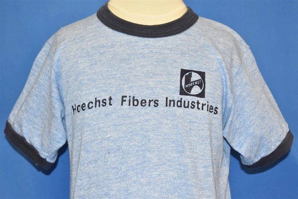 vintage 80s HOECHST FIBERS INDUSTRIES TRI BLEND BLUE HEATHERED RINGER t-shirt YL - Image 1 of 4