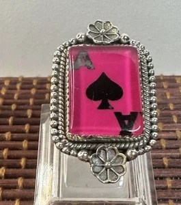 Anello stile sud-ovest argento sterling unico rosa caldo asso di picche taglia 7 Adj - Foto 1 di 10