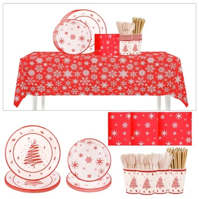TRIMMING SHOP 138pcs Christmas Tableware Set Plates Cups Napkins Cutlery Xmas Party