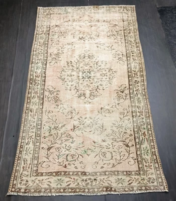 Turkish Vintage Beige Rug, 4.6x8.2ft, Antique Handmade Beige Medallion Carpet, - Image 1 of 4