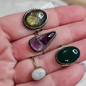Women's Lot of 4 Natural Stone Rings Sterling Silver Plated Rings Boho Bohemian - Picture 1 of 6