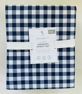 Pottery Barn Kids Full Size Organic Check 2 Sheet & 2 Pillowcase Set, Navy Blue - Picture 1 of 4