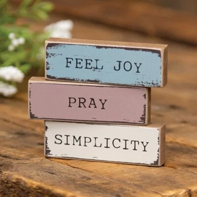 New PRIMITIVE PRAY Block Signs Stick 3 pcs 3" W 1" H Wood Painted Distressed - Image 1 of 4
