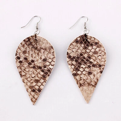 Bohemia Fashion Print Snake Leaf Shape Pu Leather Dangle Earrings Boho Jewelry - Image 1 of 4