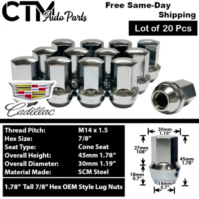 20 Chrome Cadillac ATSV CT5 CT6 CTS XT4 XTS OEM Factory Lug Nut 14x1.5 Xtra Tall - Image 1 of 3