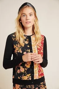New Kachel Anthropologie Faye Floral Sweater Cardigan Black Size 12 Lightweight - Picture 1 of 10