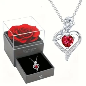 Preserved Rose Flower Jewellery Box Red Heart Shaped Pendant Necklaces With Gift - Picture 1 of 6